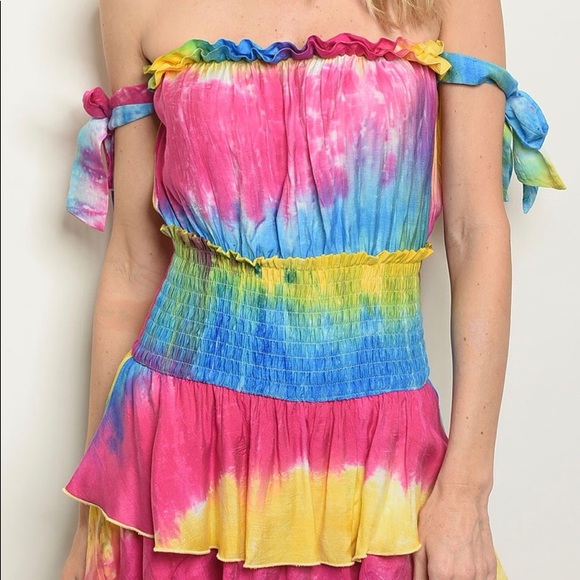 ❌DONATED❌Pink Blue Multi-Rainbow Colors Tie Dye Ruffled Short Skort Romper - Picture 2 of 9